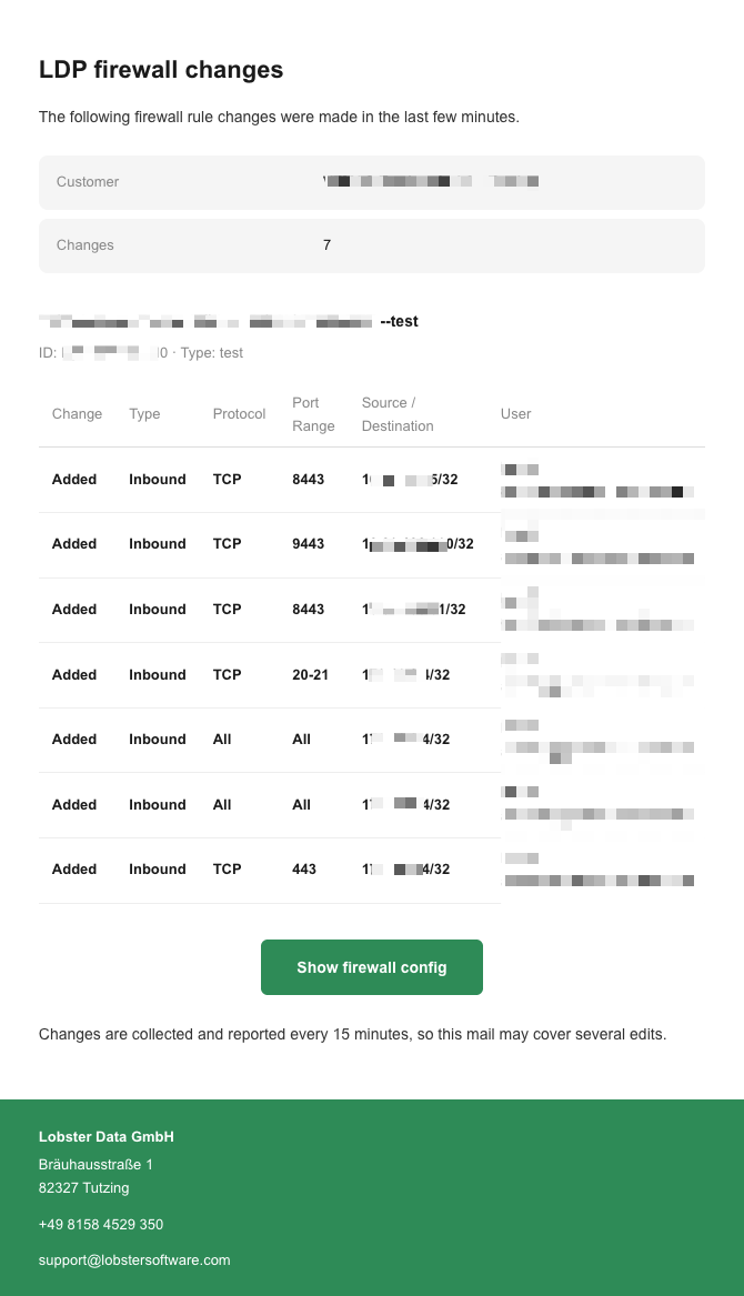 Recent firewall changes include added inbound rules for various TCP ports and protocols.